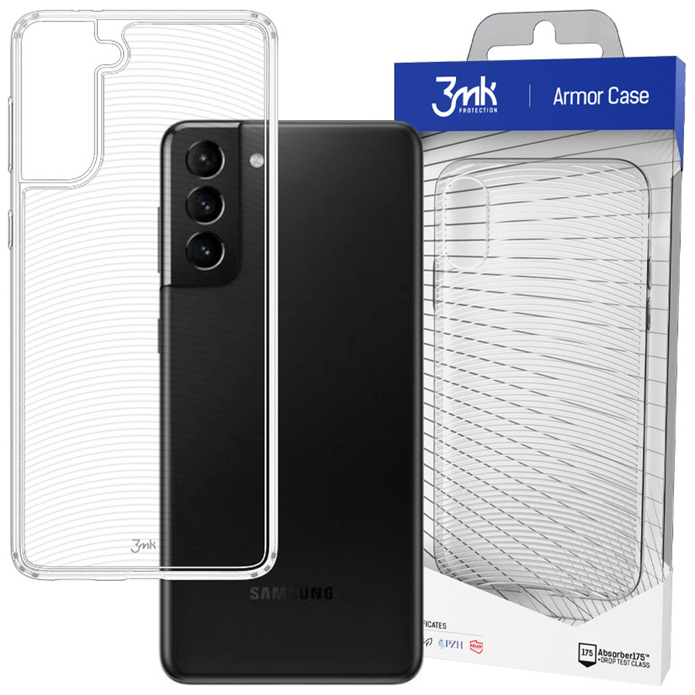 Czarny telefon Samsung z przezroczystym etui, obok opakowania etui. Na opakowaniu napis Armor Case.