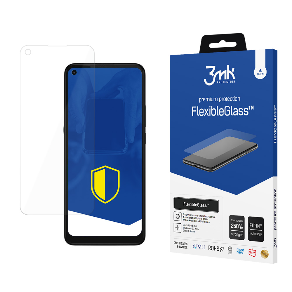Un proteggi schermo, un telefono e una scatola su sfondo bianco. La scatola dice FlexibleGlass, con l'immagine del telefono.