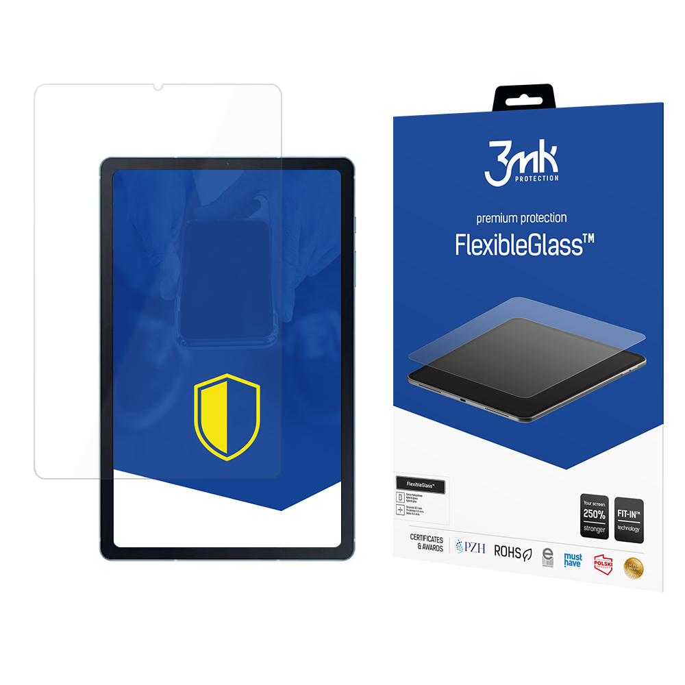 Tablet z ochraniaczem ekranu, pudełko z nazwą i logo produktu oraz ikoną tarczy na niebieskim tle.
