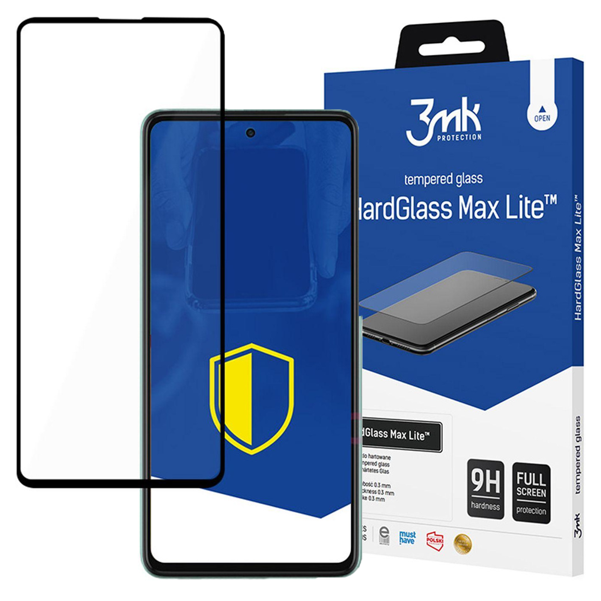 Ochraniacz ekranu i pudełko. Pudełko jest niebieskie z białym tekstem, ochraniacz jest czarny.