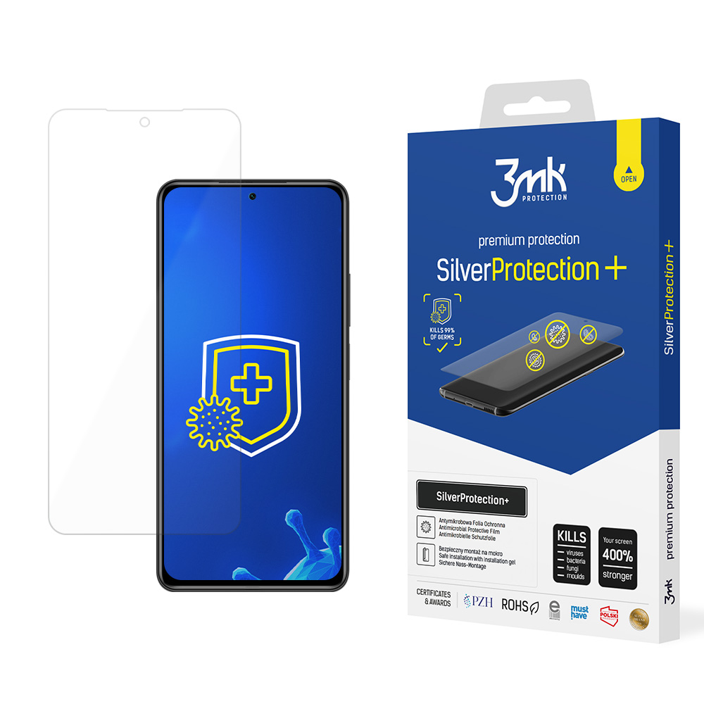 Un proteggi schermo per telefono con un telefono e una scatola. La scatola pubblicizza SilverProtection+. Uccide il 99% dei germi.