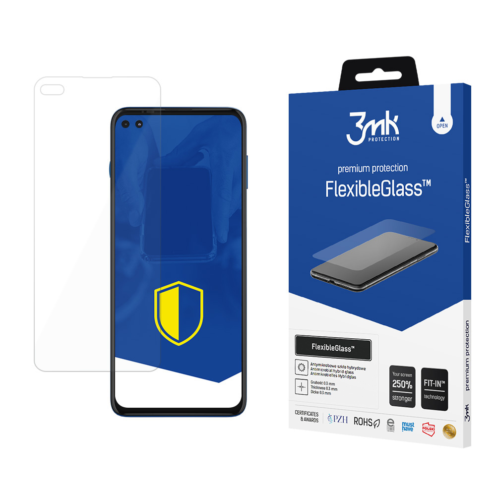 Un telefono e una scatola di protezione dello schermo sono su una superficie bianca. La scatola dice FlexibleGlass e ha un'immagine del telefono.