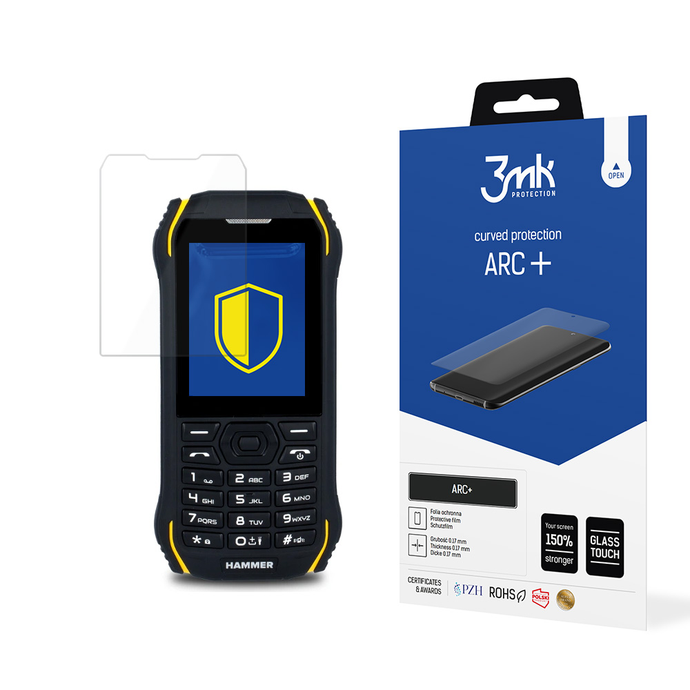 Un telefono robusto con una protezione per lo schermo e una scatola per la protezione. Il telefono è nero e giallo.