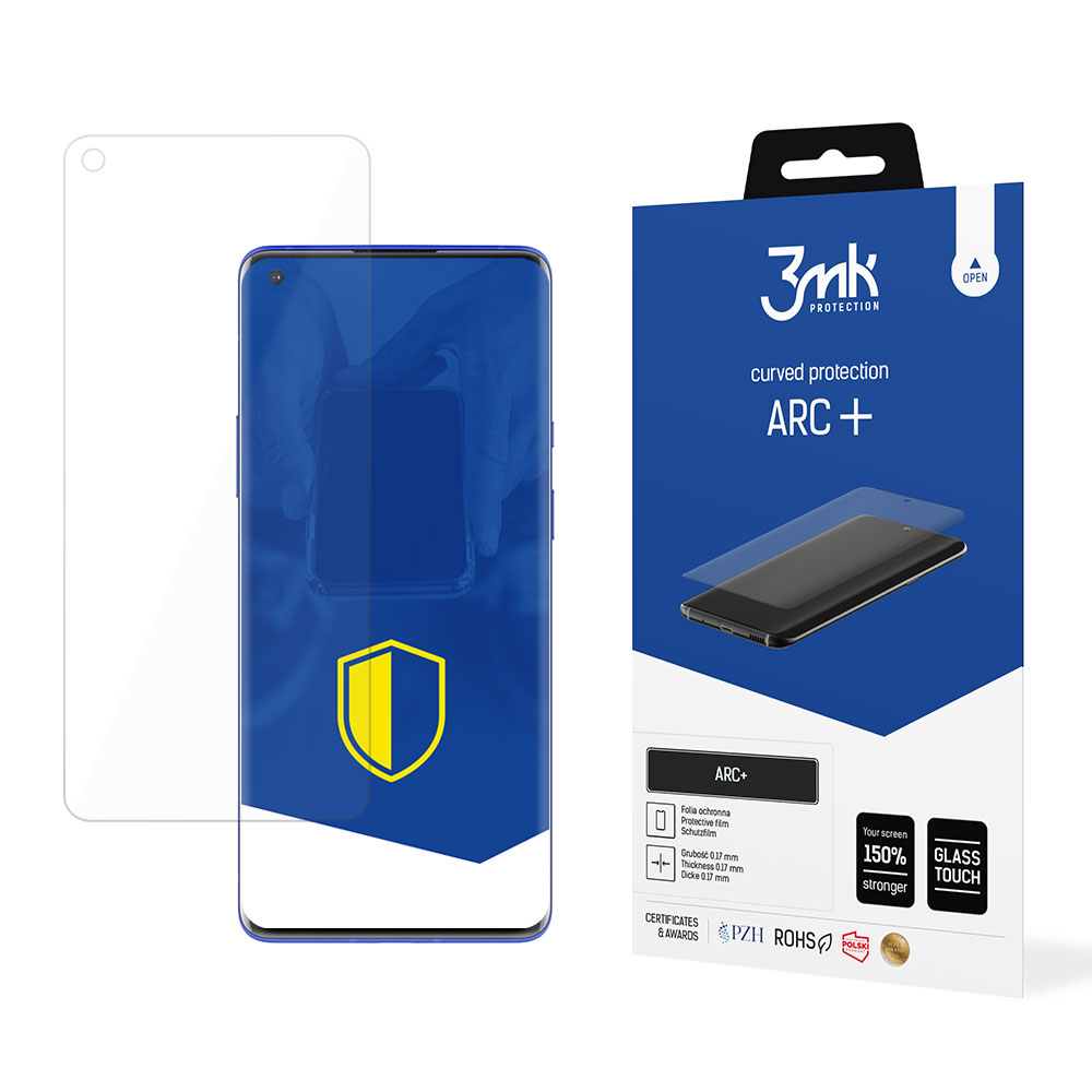 L'immagine mostra un kit di protezione dello schermo del telefono. Include protezione, telefono e scatola con il marchio 'ARC +' e '3mk'.