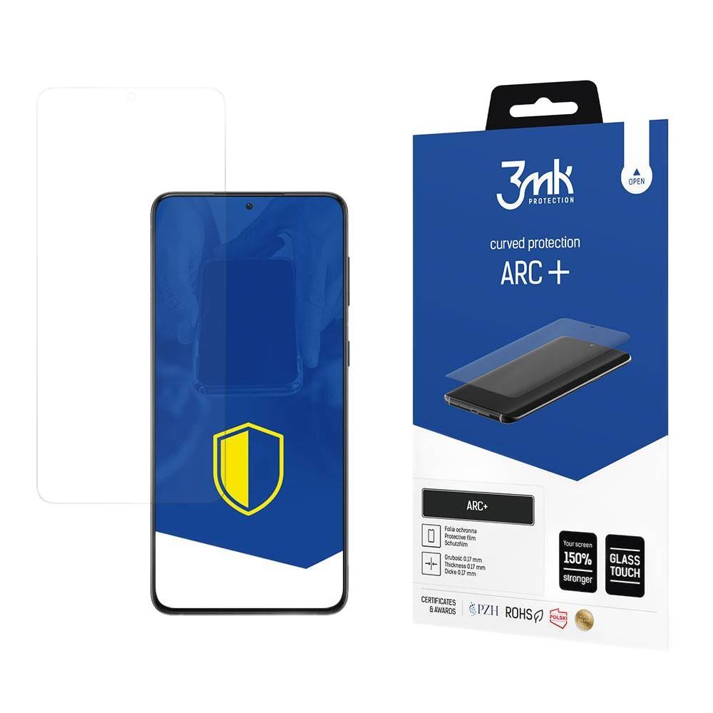 Un proteggi schermo per telefono e una scatola. La scatola è blu con la scritta 'ARC+'. Il proteggi schermo è trasparente e lo schermo nero.