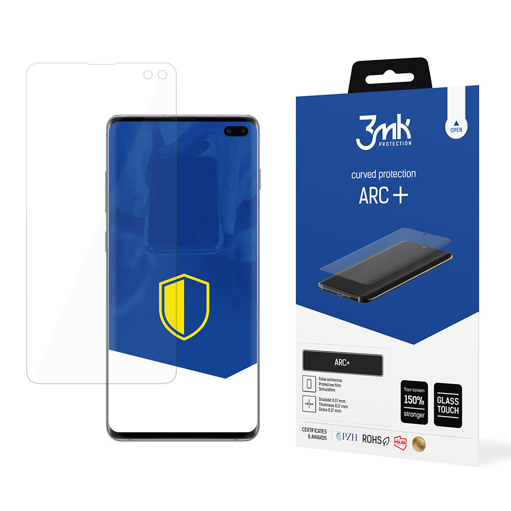 Un proteggi schermo per telefono, un telefono e la confezione sono su una superficie bianca. La confezione è blu con testo bianco e un'immagine del telefono.