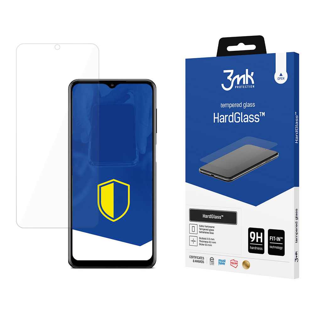 Telefon z ochroną ekranu, pudełko na telefon i ochrona ekranu. Pudełko jest niebieskie z białym tekstem i obrazem telefonu.