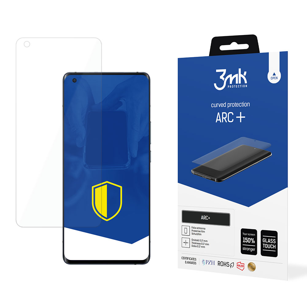 Un telefono con una protezione per lo schermo e una scatola con il marchio '3mk'. La scatola dice 'curved protection ARC +'.