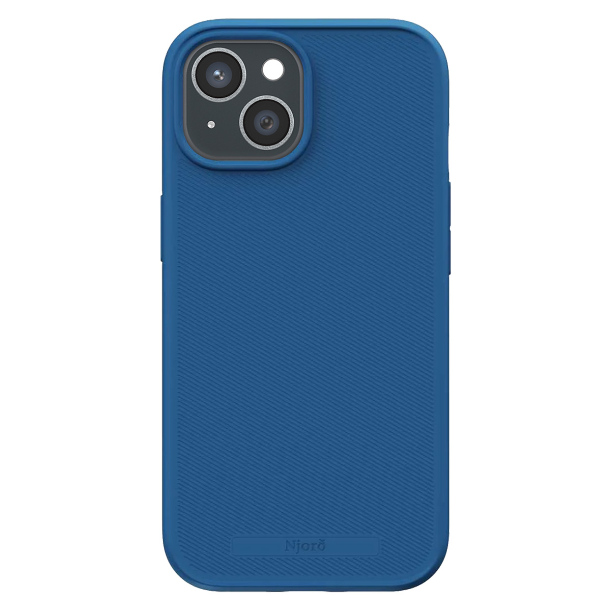Una custodia blu per telefono con modulo fotocamera. La custodia ha una superficie strutturata e il marchio 'Njorð' è visibile.