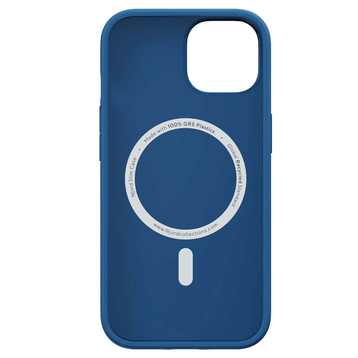 Una custodia per telefono blu scuro. Ha un cerchio bianco con testo e un rettangolo bianco in basso. La custodia ha aperture per la fotocamera.