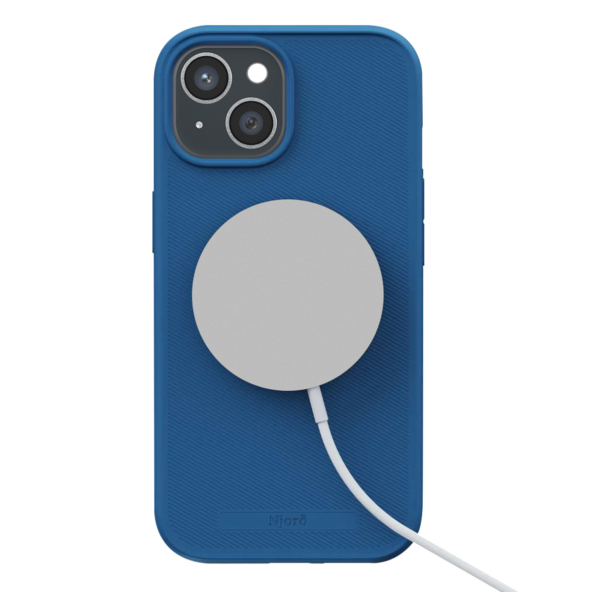 Custodia blu per telefono con cerchio grigio e cavo bianco. Il telefono ha due fotocamere. Lo sfondo è bianco.