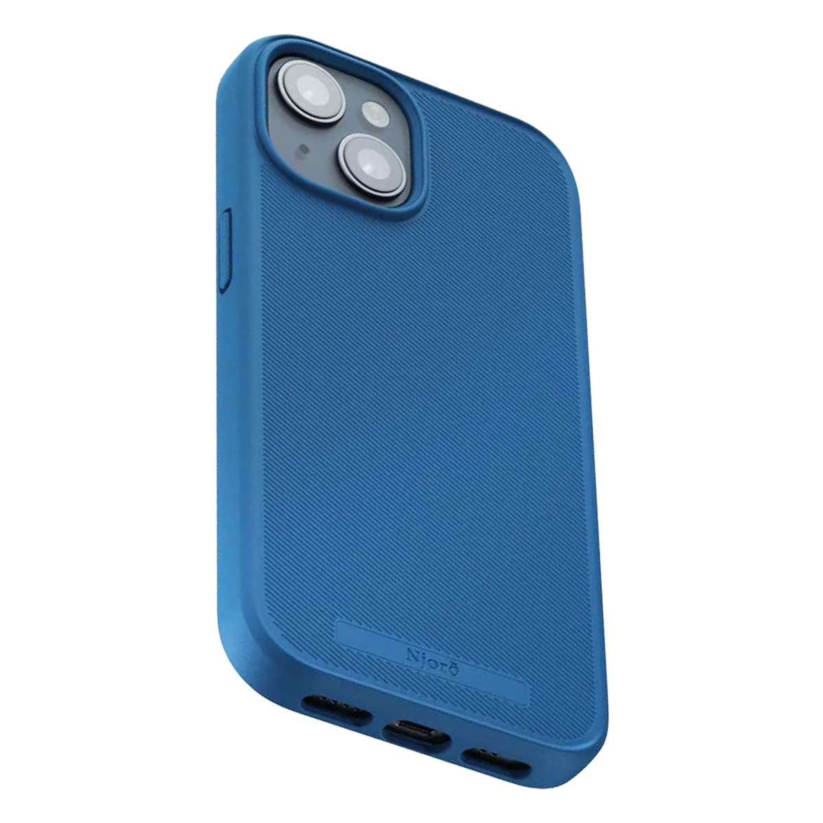 Custodia blu per telefono con superficie strutturata, due lenti della fotocamera e marchio. La custodia è angolata e lo sfondo è bianco.