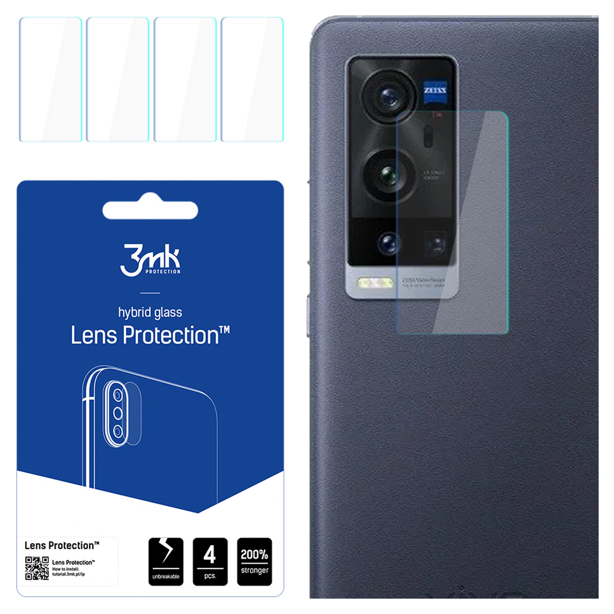L'immagine mostra un telefono con un proteggi obiettivo, tre protezioni e l'imballaggio. La protezione è applicata alle lenti della fotocamera.