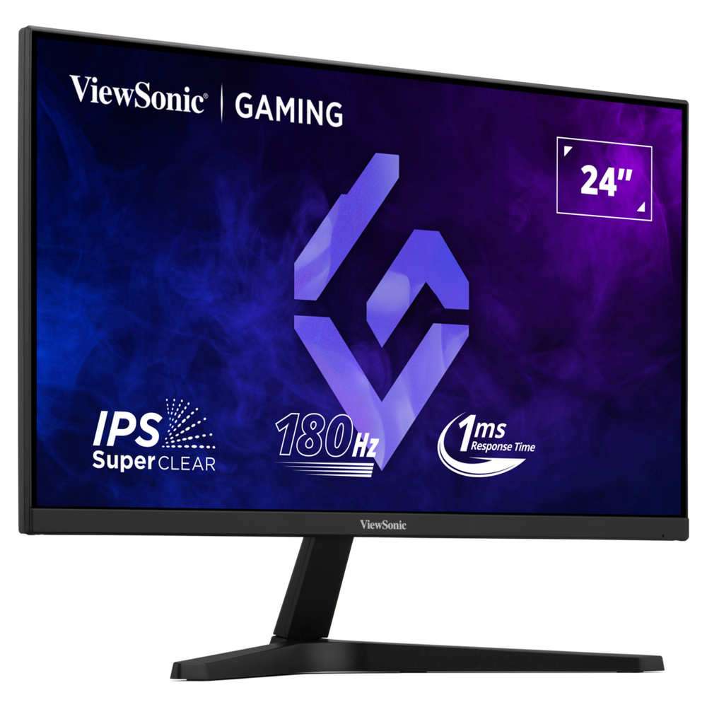 24-calowy monitor do gier ViewSonic. Cechy: 180Hz, czas reakcji 1ms i wyświetlacz IPS SuperClear. Czarna podstawa i ramka.