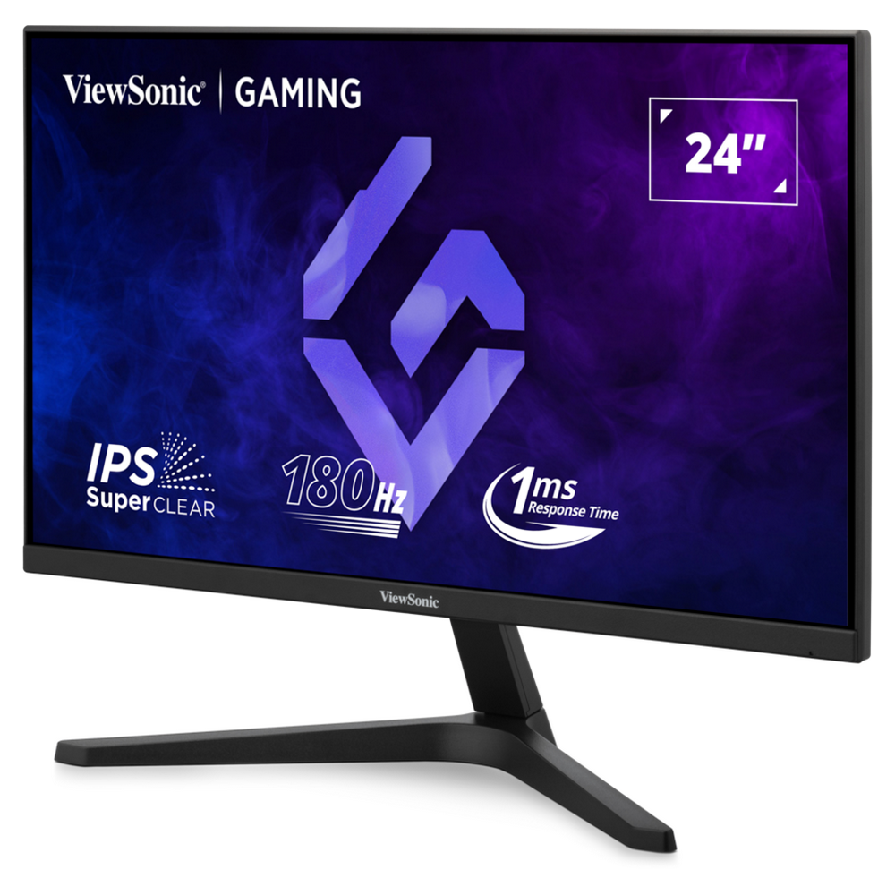 Monitor gaming ViewSonic. Czarna ramka, ekran 24 cale, IPS, 180Hz, czas reakcji 1ms. Niebieskie i fioletowe tło gradientowe.