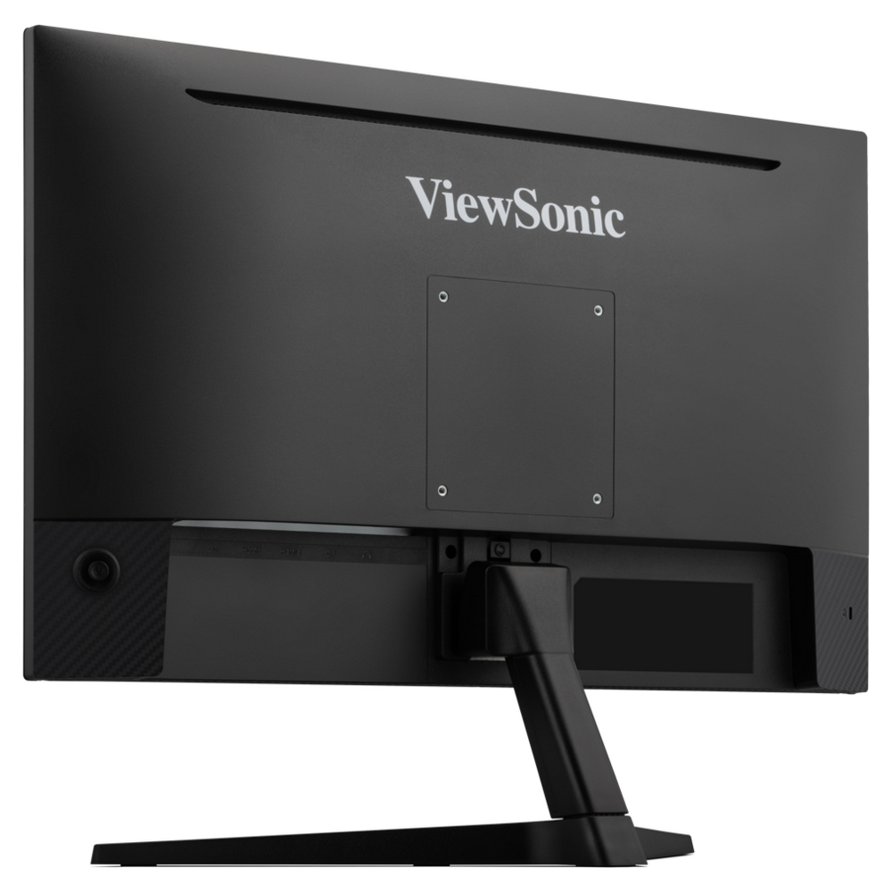 Widok z tyłu czarnego monitora ViewSonic. Ma podstawkę, porty i logo. Tło jest białe.