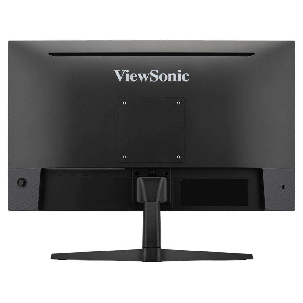 Widok z tyłu czarnego monitora ViewSonic. Ma podstawę, porty i logo. Monitor jest na białym tle.