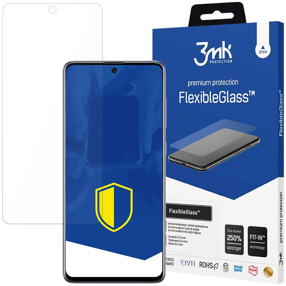 Ochraniacz ekranu telefonu, telefon i pudełko. Na pudełku napis FlexibleGlass, ze zdjęciem telefonu i 3mk PROTECTION.