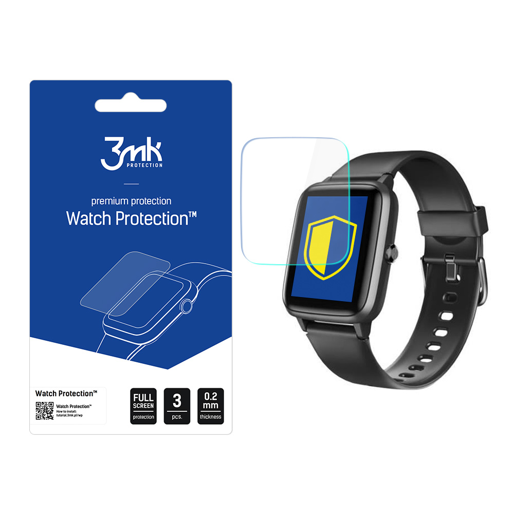 Uno smartwatch con protezione schermo e confezione. Lo schermo mostra un logo a scudo. La confezione è blu con testo bianco.