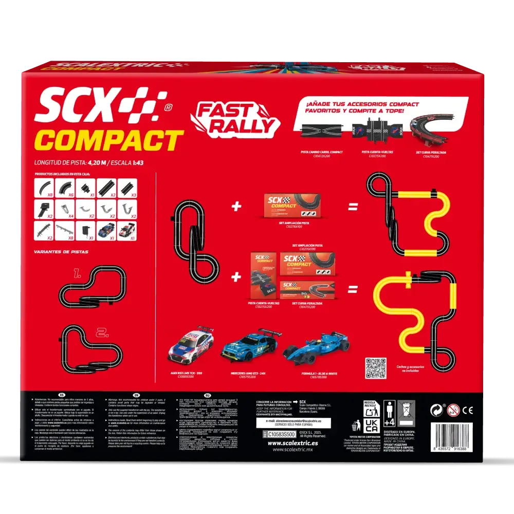 Arte de caja para SCX Compact Fast Rally. Muestra diseños de pistas, modelos de autos y accesorios, con el logo SCX.