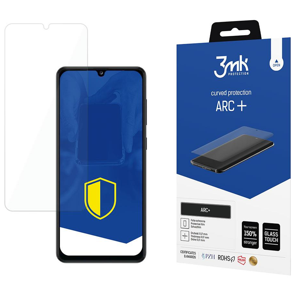 Pokazano osłonę ekranu telefonu i jej pudełko. Na pudełku znajduje się napis 'ARC+' i obraz telefonu. Osłona jest widoczna.