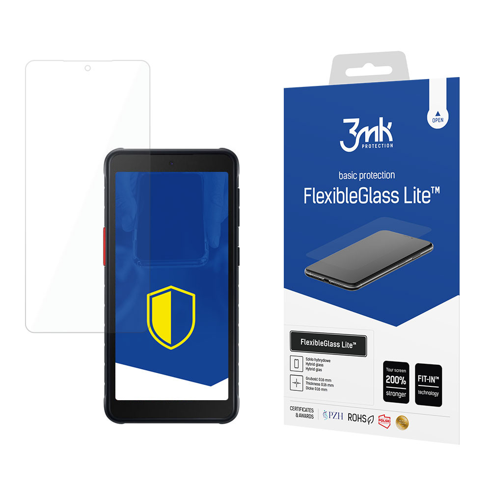 Un telefono con protezione schermo e una scatola di FlexibleGlass Lite. Il telefono è nero, la protezione trasparente e la scatola blu.