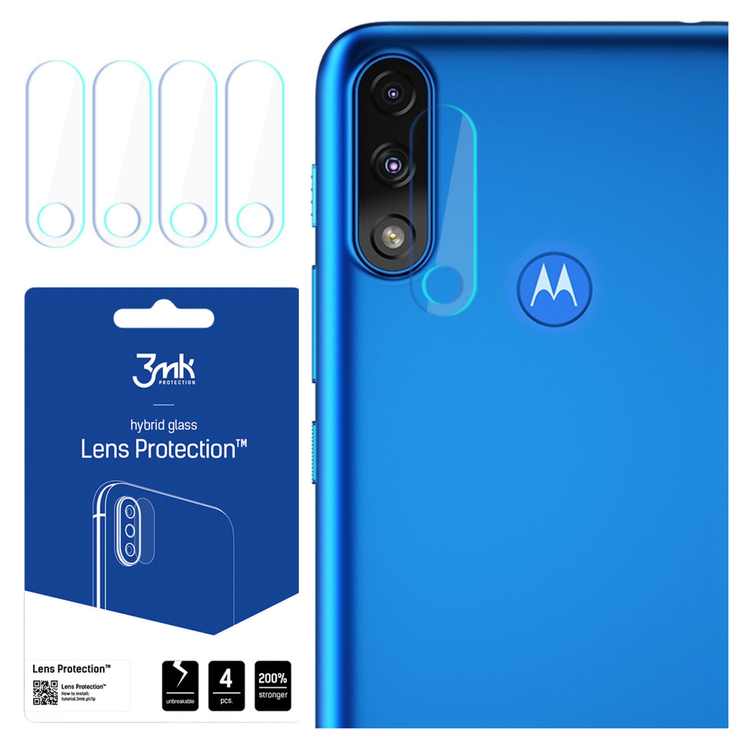 Un telefono blu con vetro di protezione della fotocamera, una confezione con protezione dell'obiettivo e un logo Motorola sono visibili.
