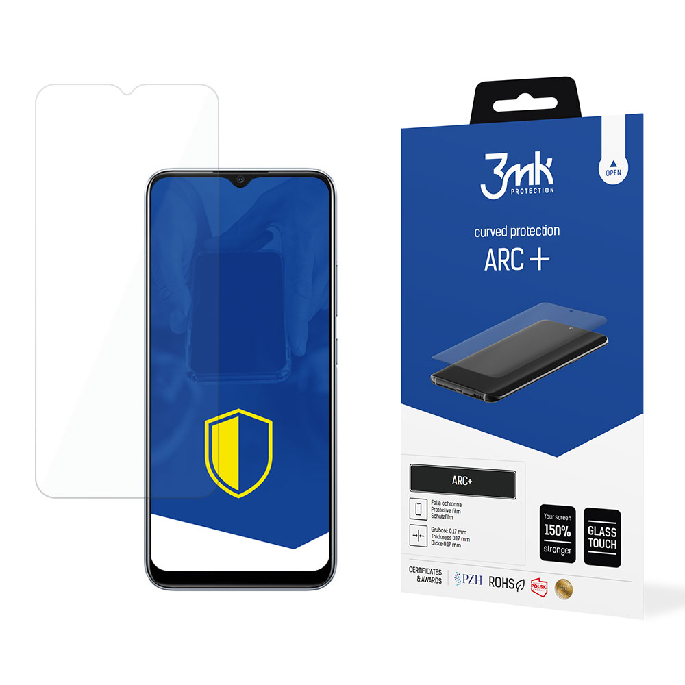 Un telefono con protezione schermo, una scatola del telefono con il marchio 3mk e una protezione schermo.