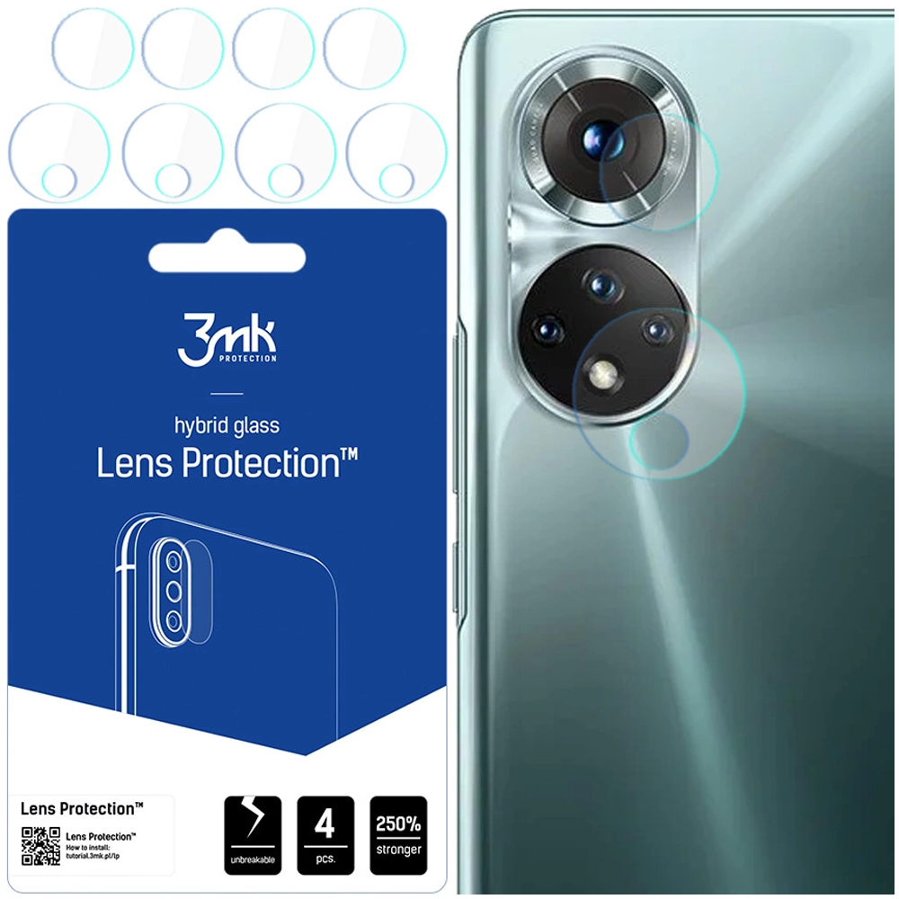 Vengono mostrati un telefono e protezioni per lenti. Le protezioni sono a sinistra, il telefono a destra. Sulla confezione c'è scritto 'Lens Protection'.
