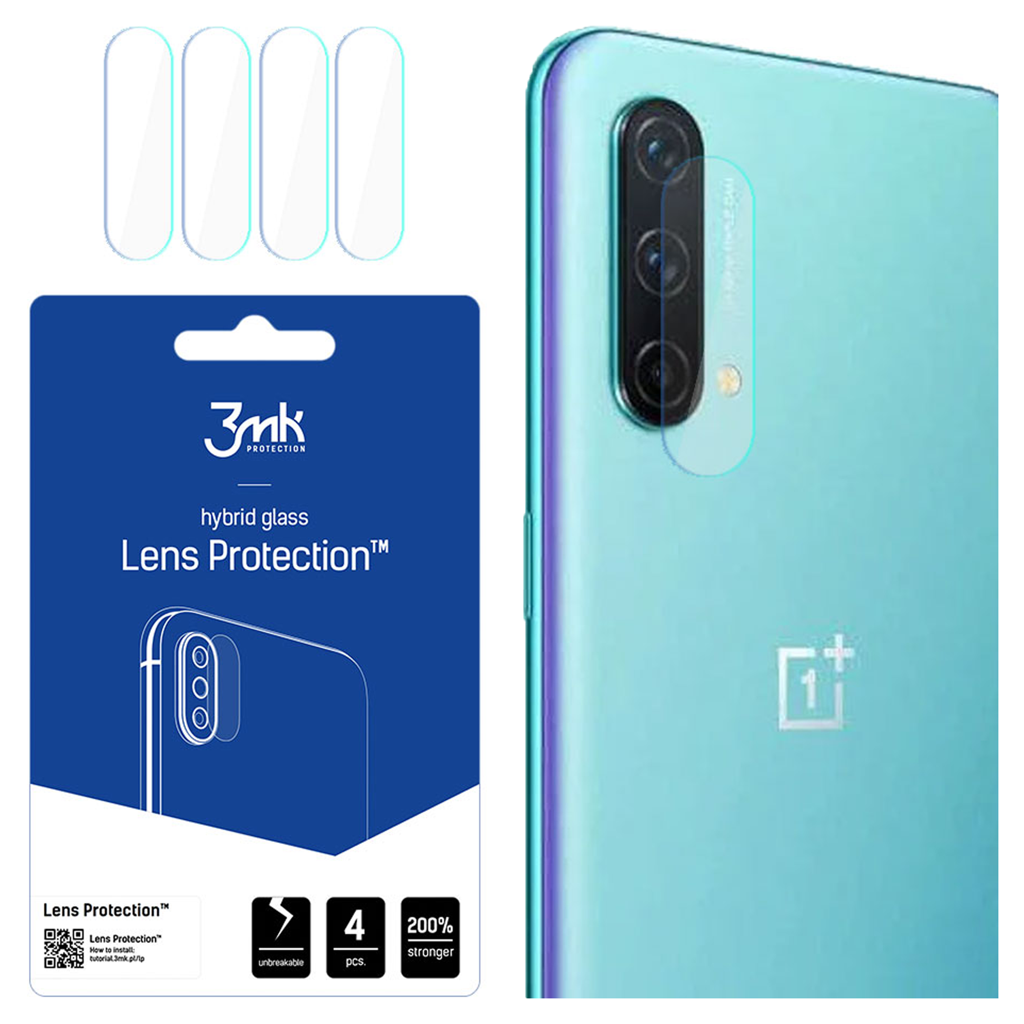 Un telefono e un kit di protezione dell'obiettivo. Il telefono è turchese con lenti della fotocamera nere. Il kit ha protezioni per lenti.
