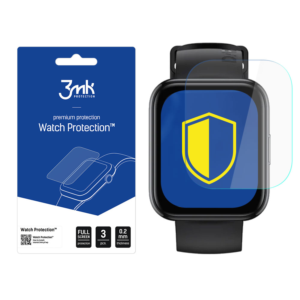 Uno smartwatch con protezione schermo e confezione. Sulla confezione c'è scritto 'Watch Protection' con logo e specifiche.