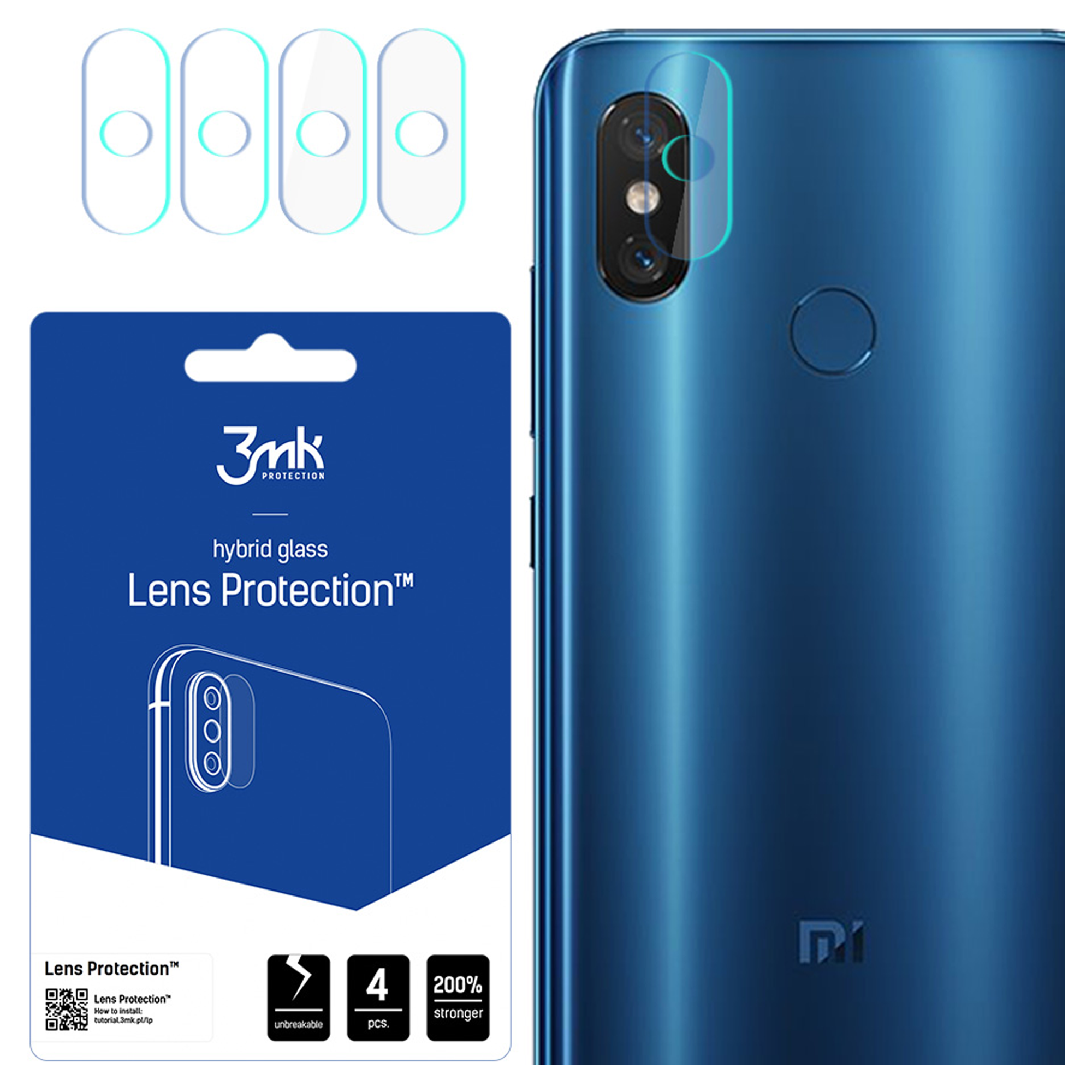 L'immagine mostra il retro di un telefono, protezioni per lenti e una confezione del prodotto. Il telefono è blu. Le protezioni sono trasparenti.