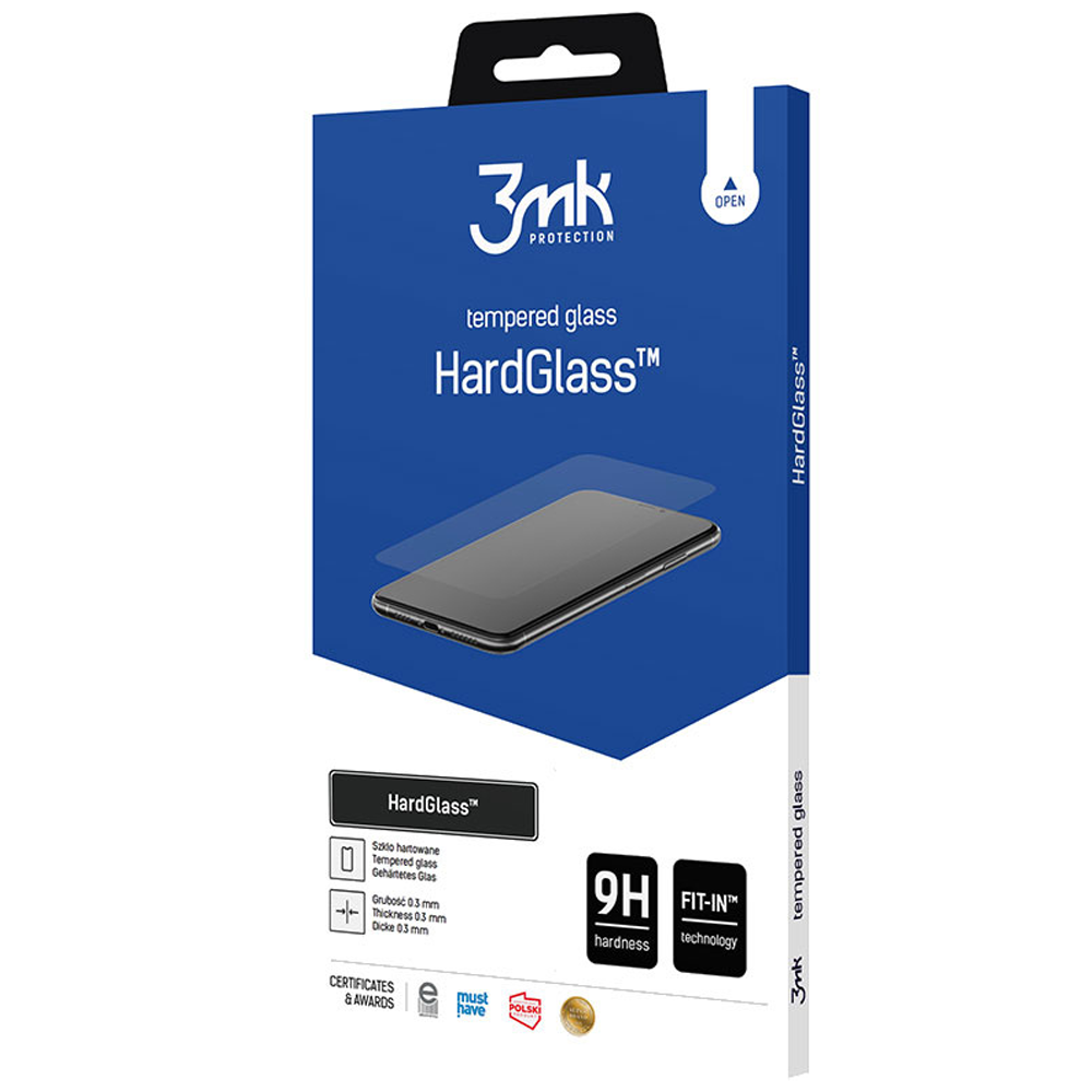Scatola blu con immagine di telefono. HardGlass di 3mk, vetro temperato. Contiene certificazioni e premi, durezza e tecnologia fit-in.