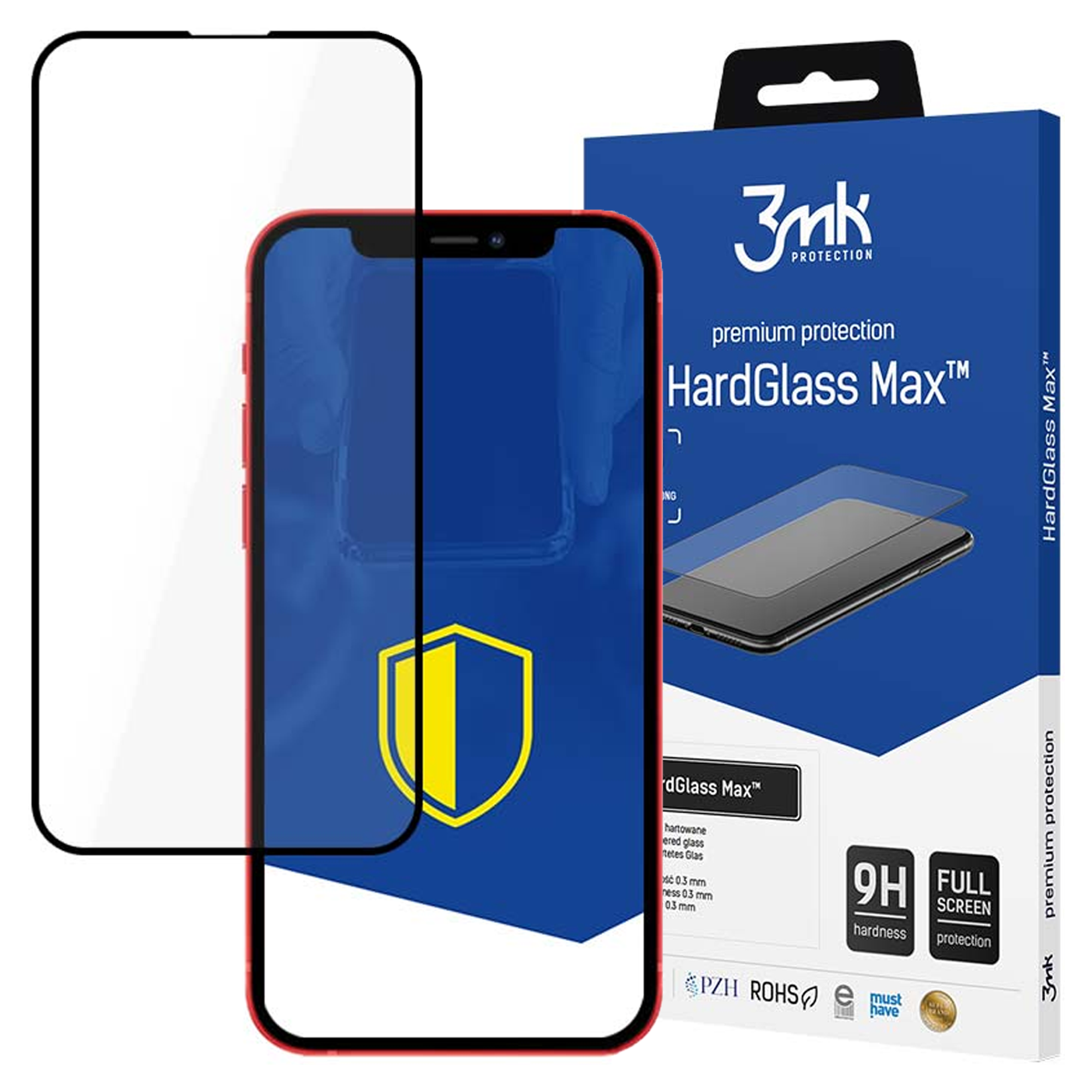 Telefon z ochraniaczem ekranu, pudełko z etykietą "HardGlass Max" i ochraniacz ekranu.