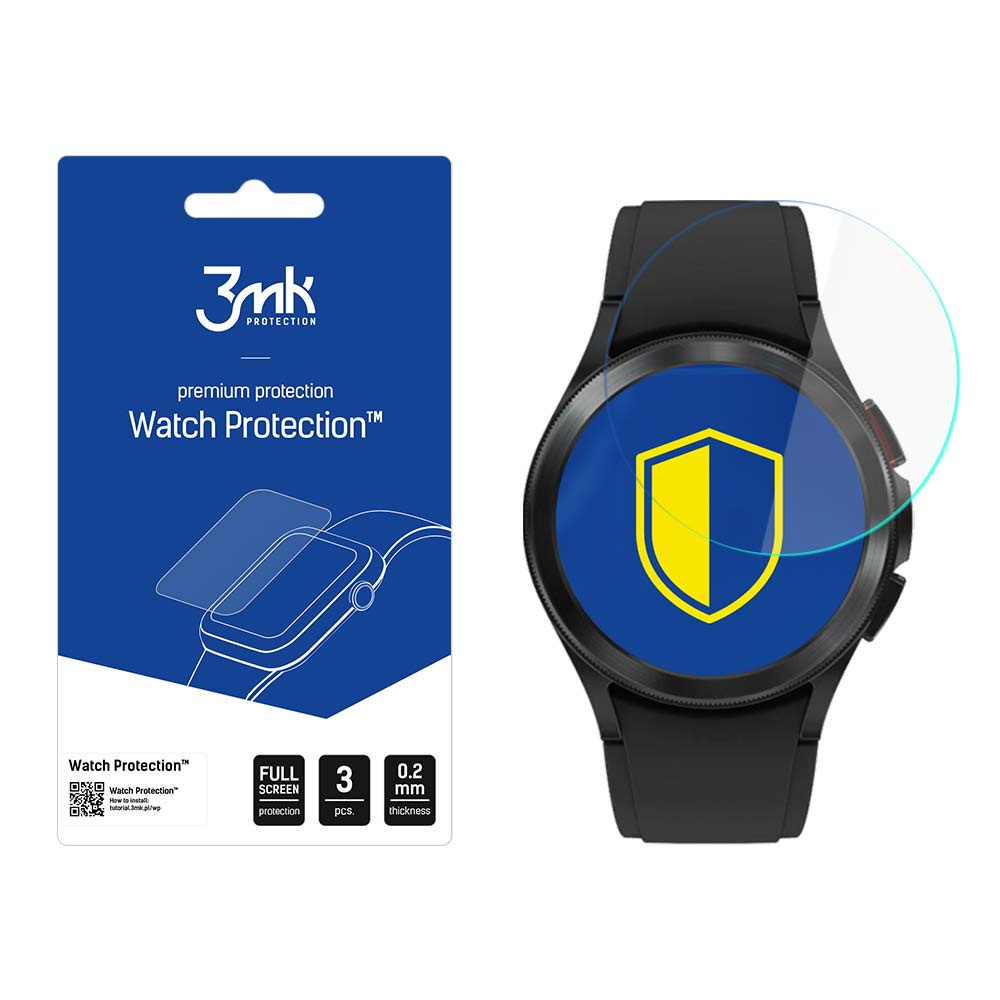 Se muestra un reloj y un embalaje de protector de pantalla. El embalaje tiene el texto 'Watch Protection'. El reloj tiene la protección.