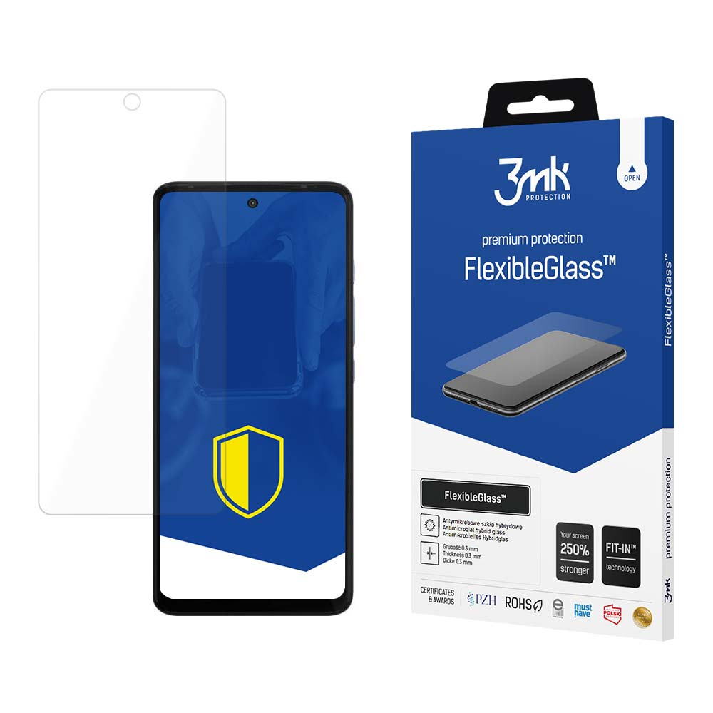 Un proteggi schermo per telefono e una scatola. La scatola è blu con testo bianco. Sul telefono c'è un logo giallo e blu.
