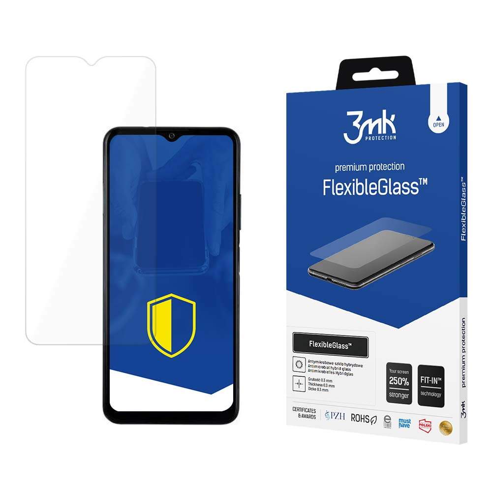 Un proteggi schermo e un telefono sono esposti accanto a una confezione prodotto con scritto FlexibleGlass.