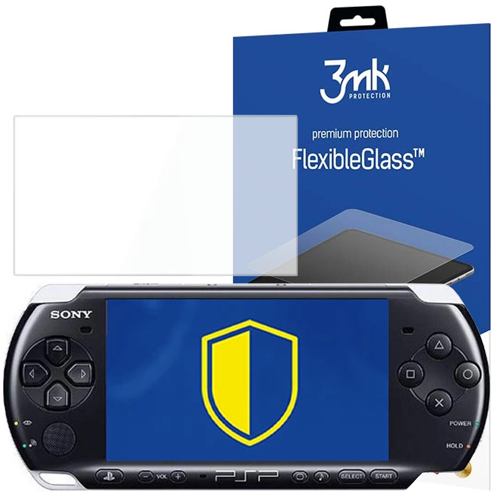 Konsola PSP z ochraniaczem ekranu i pudełkiem. Ekran wyświetla tarczę. Tło to niebieskie pudełko.