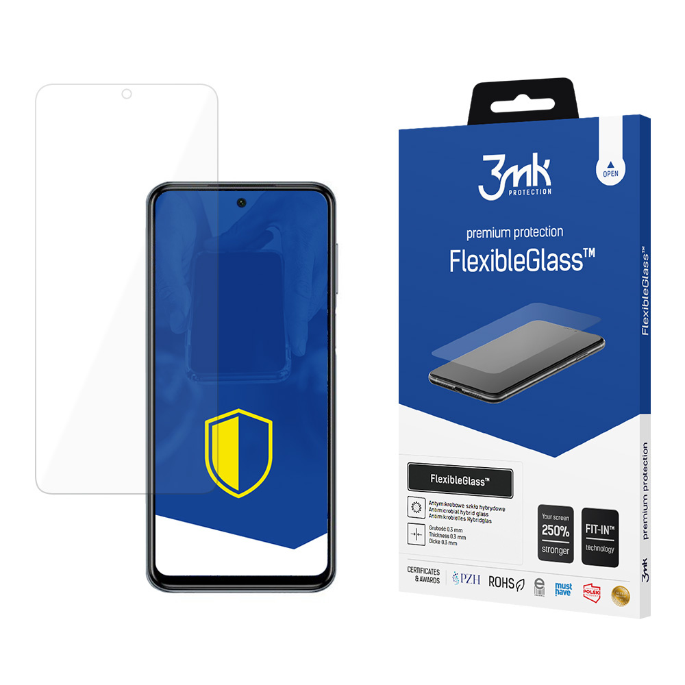 Un telefono con protezione schermo, una scatola di FlexibleGlass e un protettore. La scatola ha il marchio 3mk e informazioni sul prodotto.