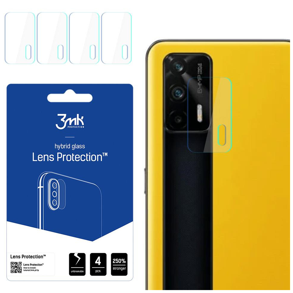 Un telefono con retro giallo e protezione schermo. Una scatola di protezione dell'obiettivo è a sinistra. Quattro protezioni dell'obiettivo sono in alto.