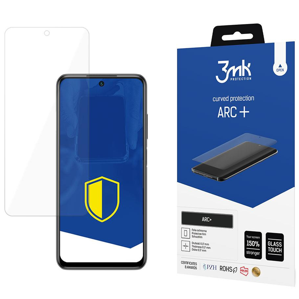 Un telefono con protezione schermo, una scatola con il marchio 3mk e una protezione schermo trasparente.