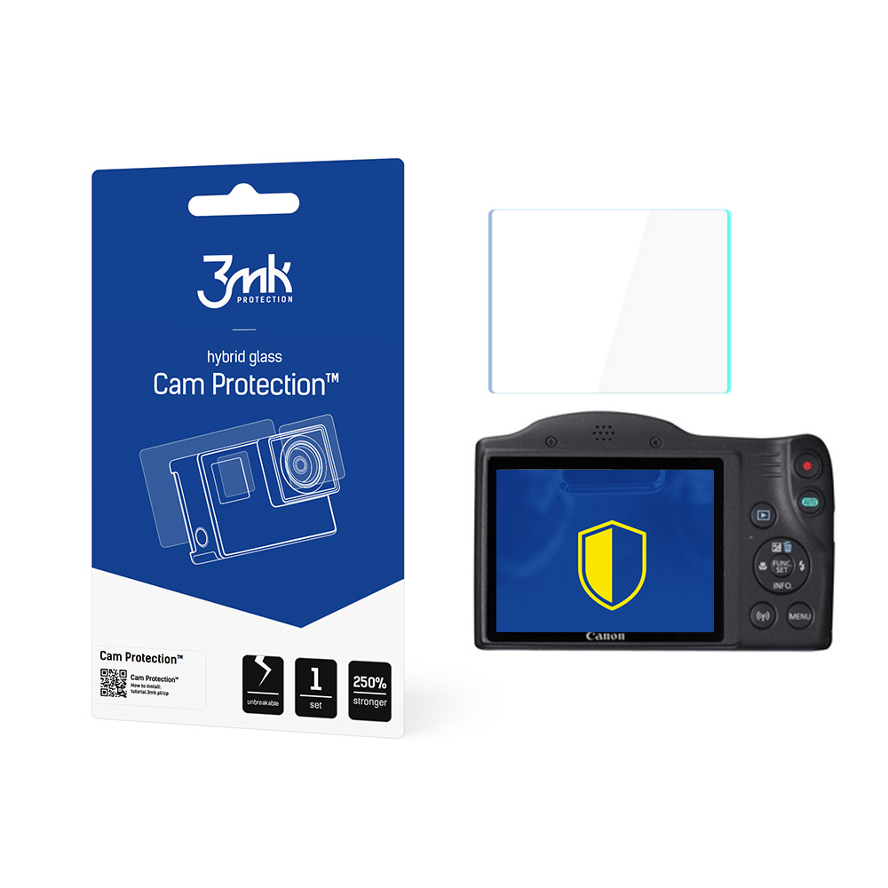 Una fotocamera con protezione schermo, un proteggi schermo e un pacchetto di protezione fotocamera sono esposti su sfondo bianco.