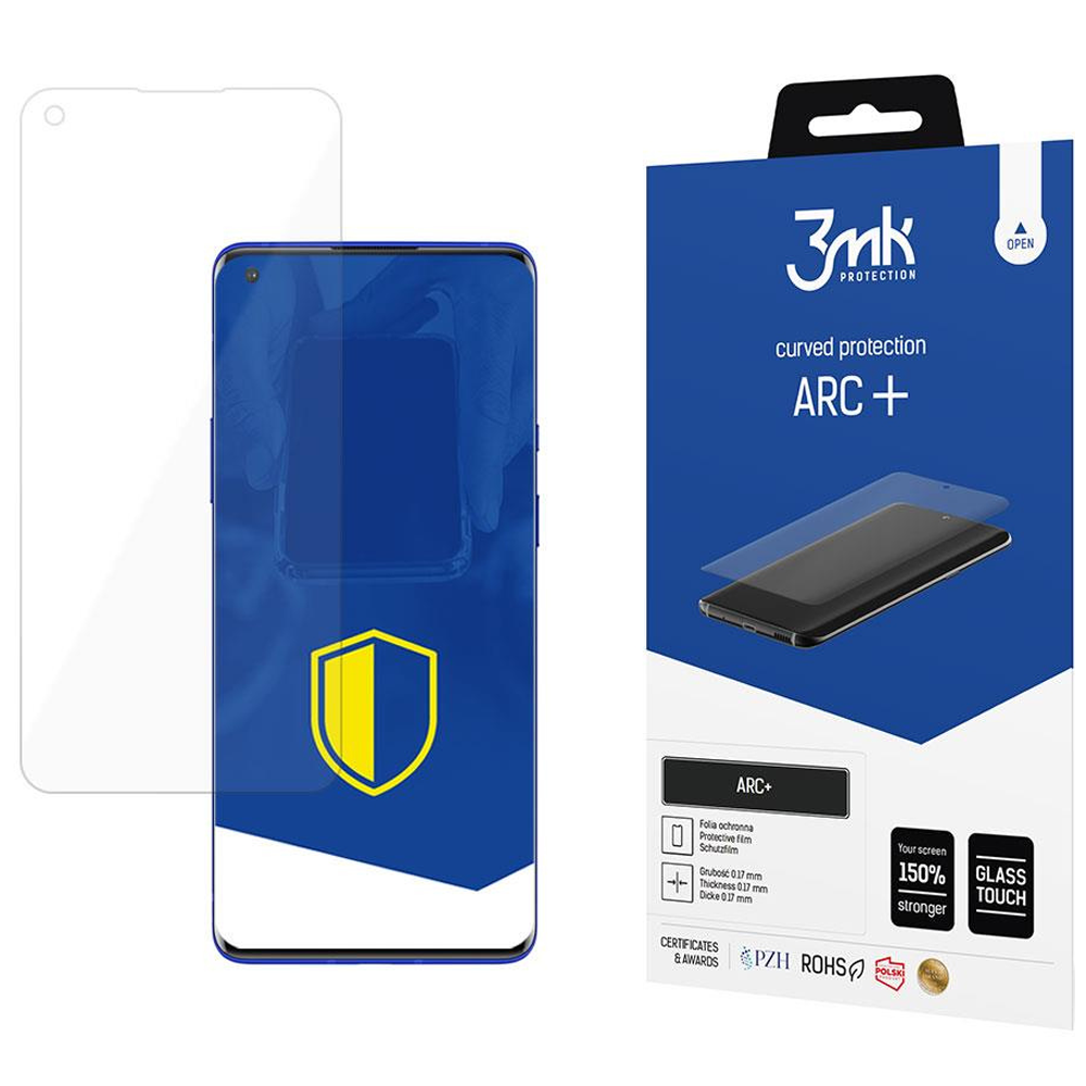 Wyświetlacz ochronny ekranu telefonu i jego opakowanie. Ochraniacz jest przezroczysty, opakowanie jest niebieskie z białym tekstem.