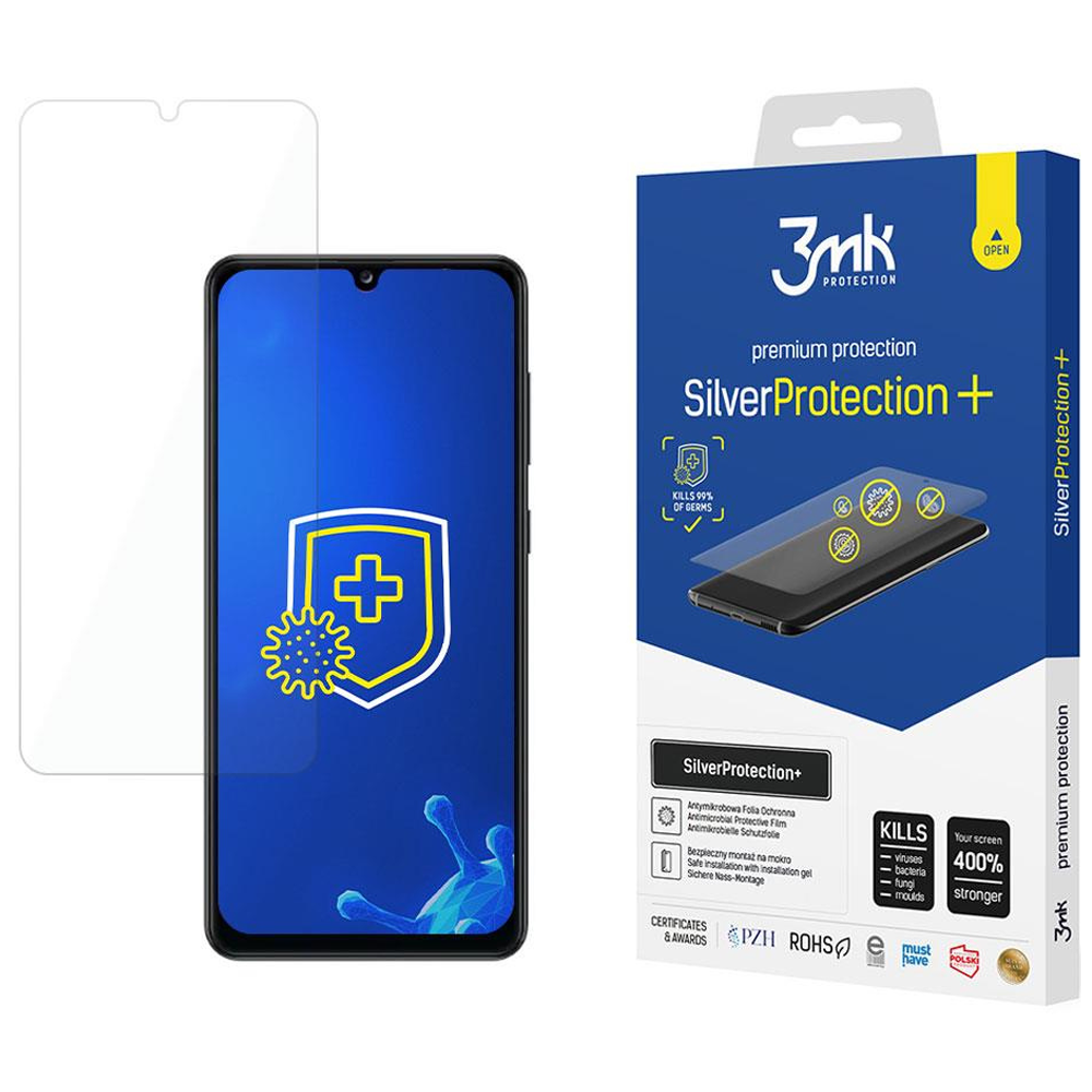 Un telefono con protezione schermo, una scatola di protezione schermo, testo SilverProtection+, uccide il 99% dei germi.