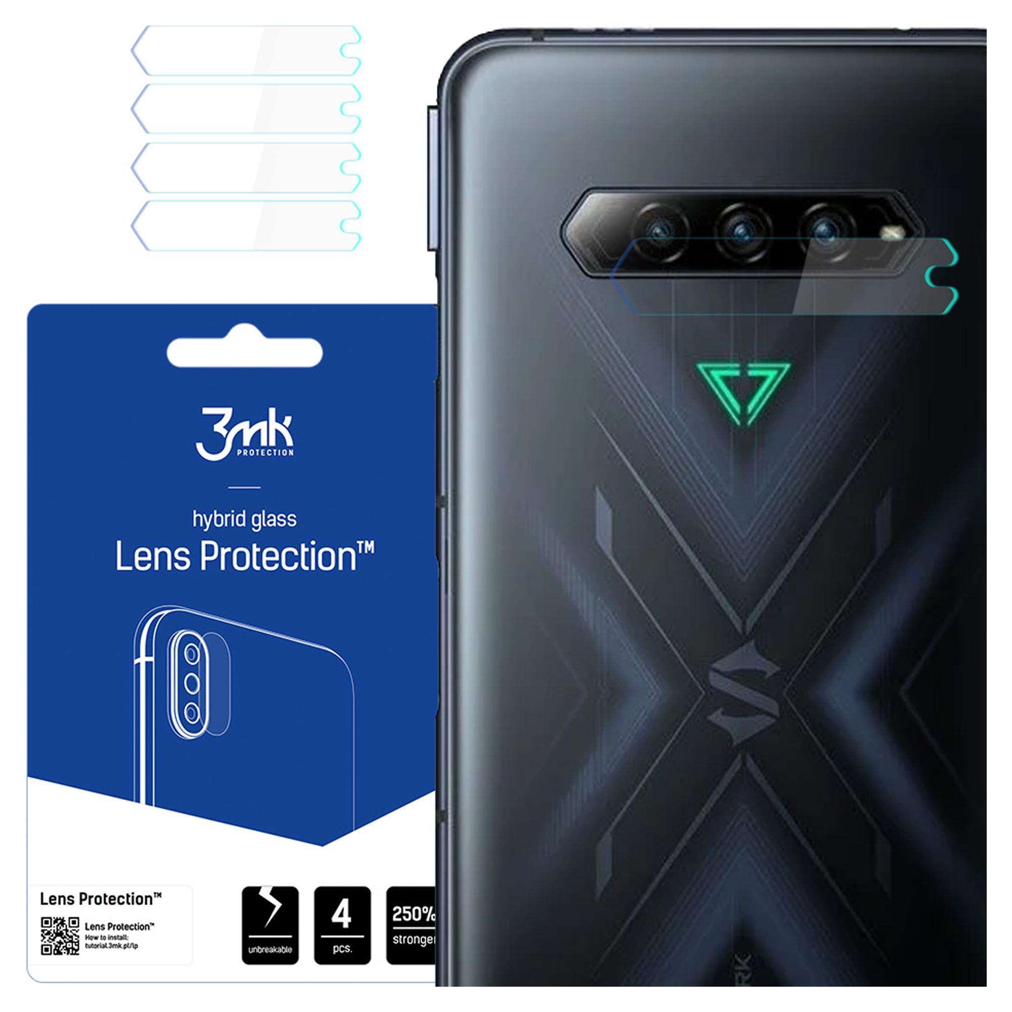 Un telefono e una protezione per lenti sono mostrati. Il telefono è nero con una fotocamera. La protezione è un pacchetto blu.