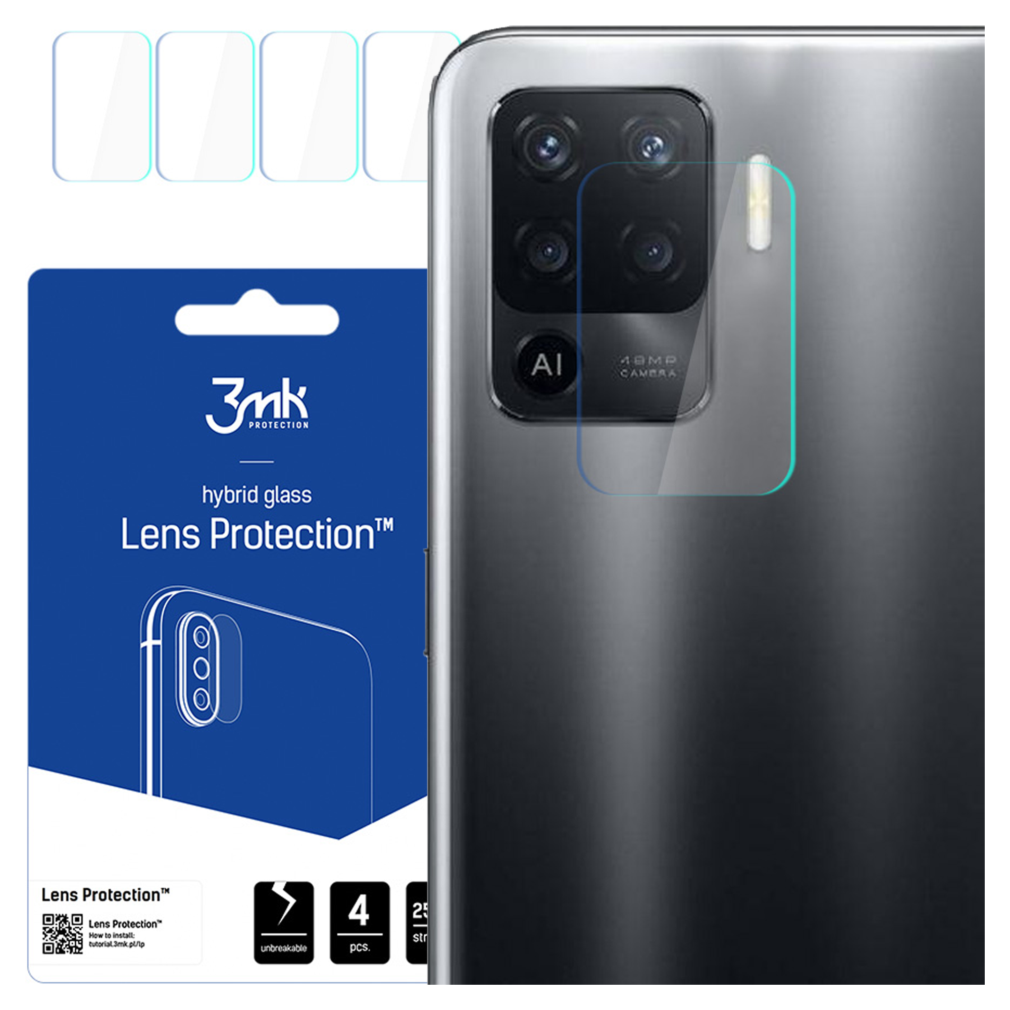 Telefon z ochroną obiektywu. Po lewej stronie niebieskie pudełko z ochroną obiektywu. Na górze cztery ochraniacze obiektywu.