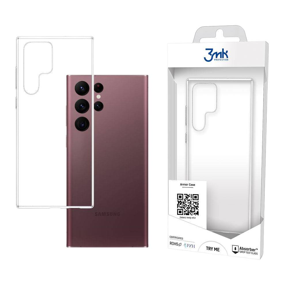 Telefon i etui ochronne są wyświetlane obok opakowania z markami i certyfikatami. Telefon jest ciemnoczerwony.