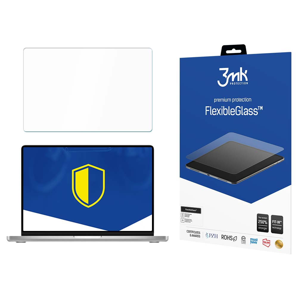 Wyświetlany jest laptop z ochraniaczem ekranu, pudełko na ochraniacz ekranu i ochraniacz ekranu. Na pudełku pokazano tablet chroniony przez FlexibleGlass.
