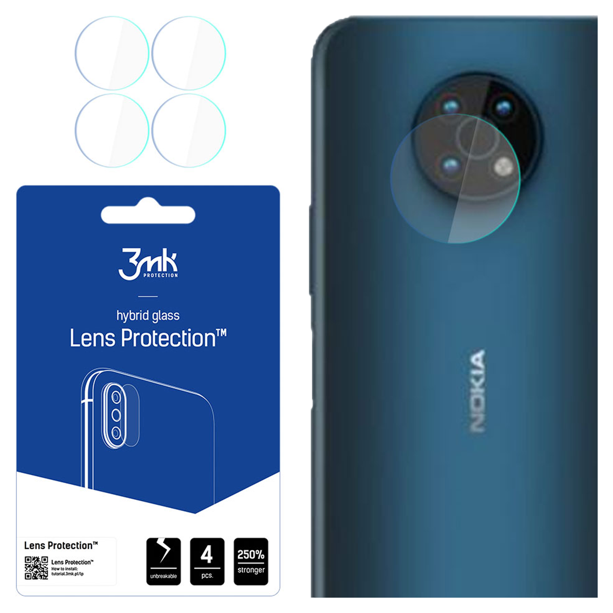 L'immagine mostra protezioni per lenti per la fotocamera di un telefono, un telefono e la confezione. Le protezioni sono cerchi trasparenti.