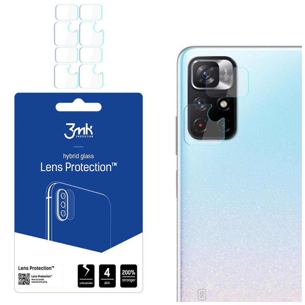 L'immagine mostra una confezione blu con protezioni per lenti e uno smartphone. La confezione include il marchio e il numero di protezioni.